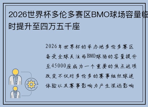 2026世界杯多伦多赛区BMO球场容量临时提升至四万五千座 2026世界杯多伦多赛区BMO球场容量临时提升至四万五千座